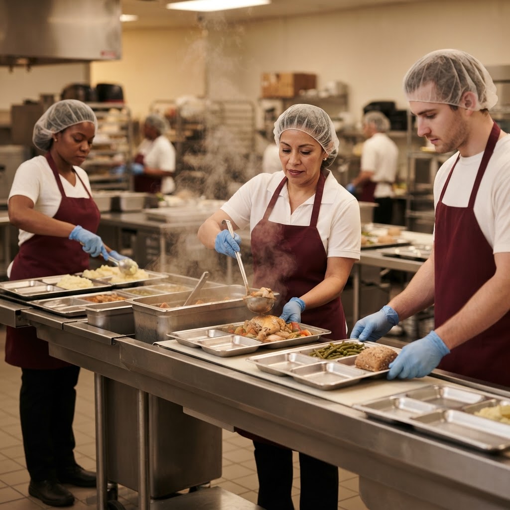 Kitchen team plating hot meals on the trayline