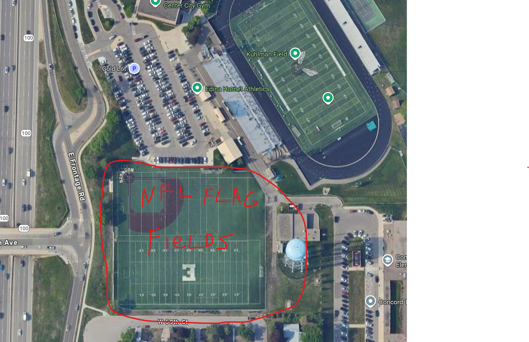 Edina Community Center aerial map showing NFL Flag fields location