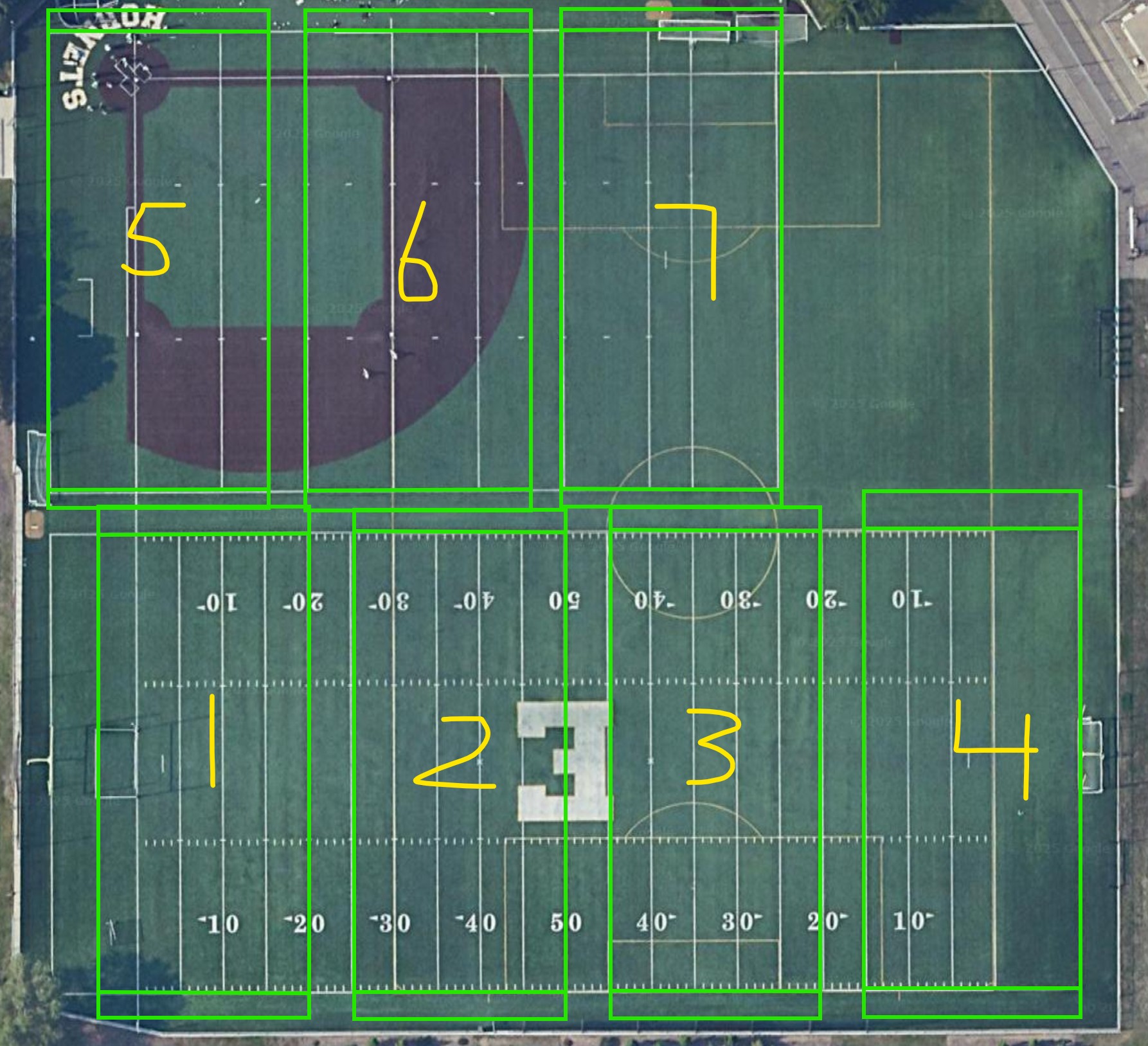 Edina Community Center turf field layout showing 7 fields