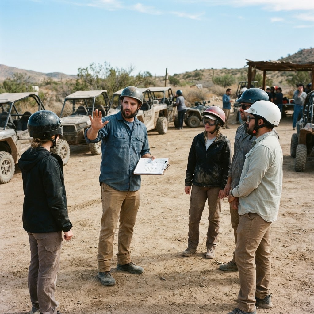 Instructor explicando normas de seguridad con un casco y un portapapeles antes de una ruta en buggy