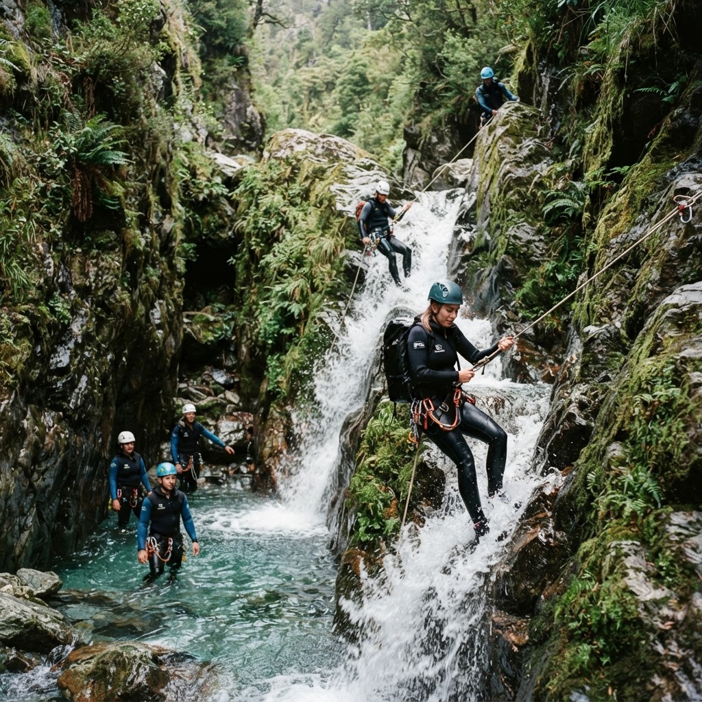 Grupo de aventura en una ruta de montaña con material técnico