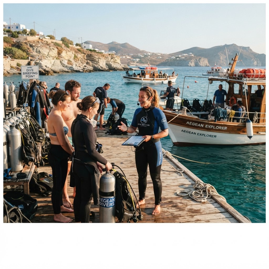 Instructor de buceo haciendo el briefing a un grupo de alumnos con botellas y equipo junto al barco