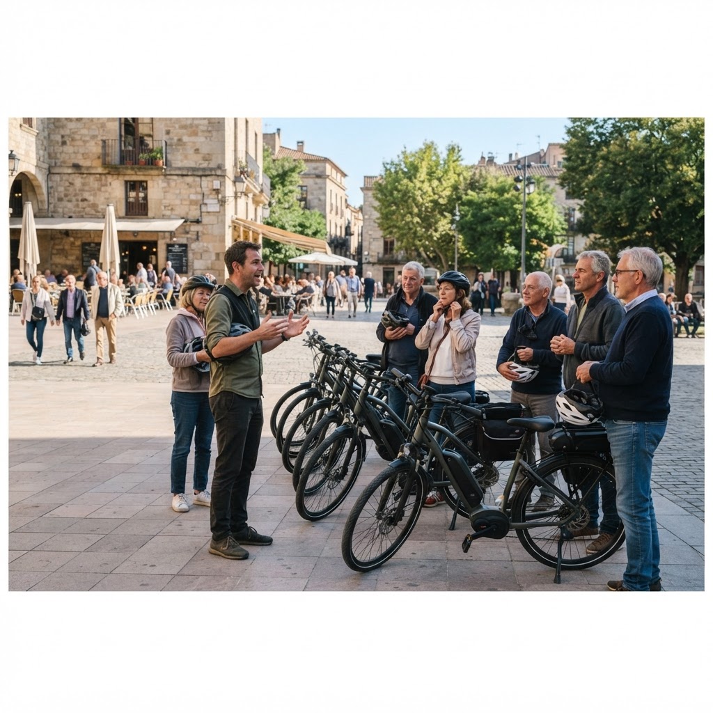Guía de rutas en e-bike dando instrucciones a un grupo de ciclistas con casco antes de una salida