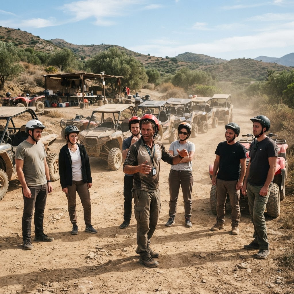 Operador briefing a un grupo con cascos junto a una flota de buggies y quads en una base de ruta