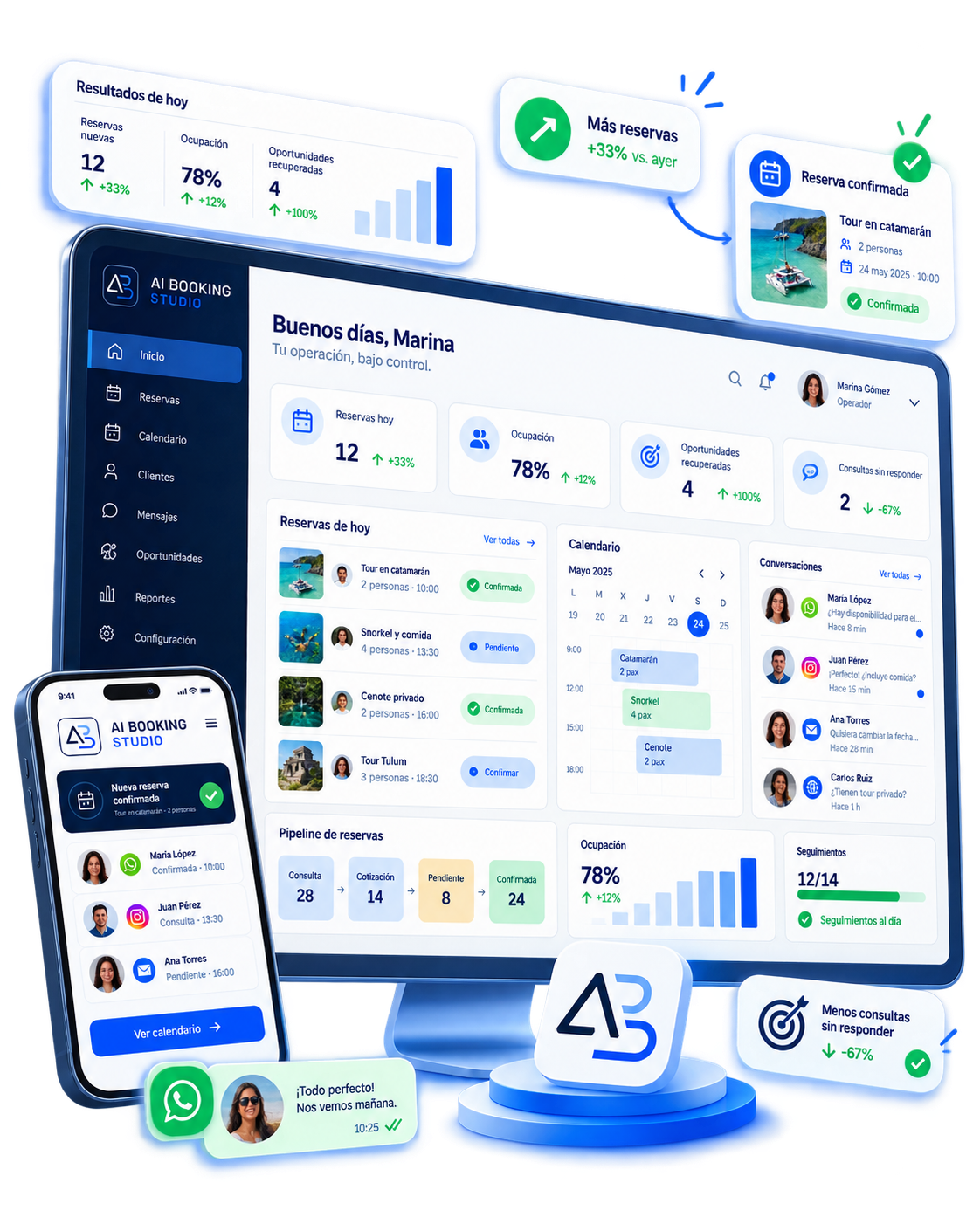 Dashboard de AI Booking Studio: panel de control en tiempo real con reservas, conversaciones, oportunidades recuperadas y calendario