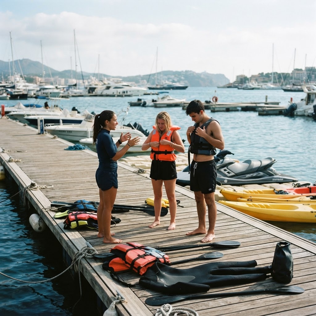 Instructor dando un briefing de seguridad en un muelle mientras unos clientes se ponen chalecos salvavidas