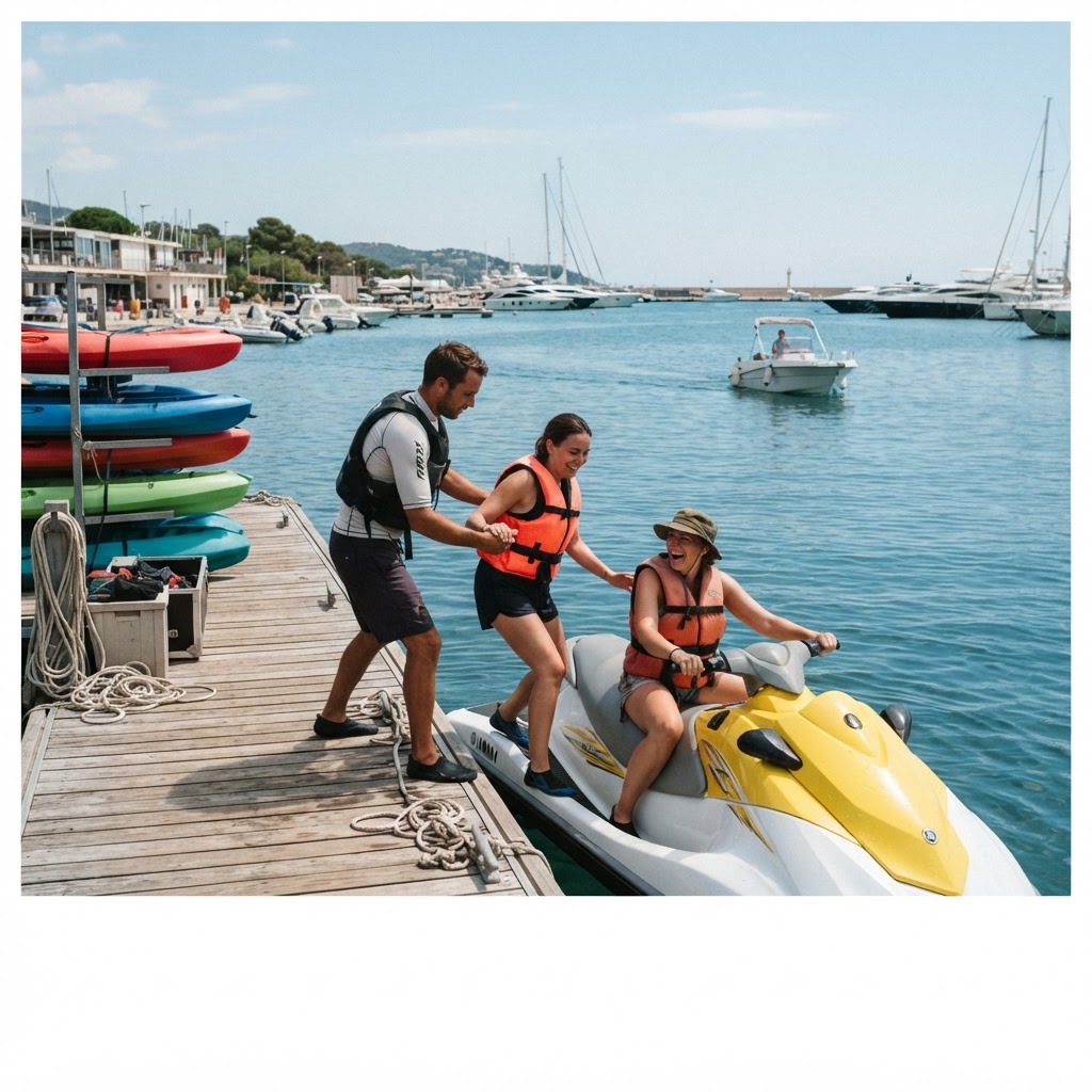 Instructor de actividades acuáticas ayudando a unos clientes a subir a una moto de agua en un muelle con kayaks de fondo
