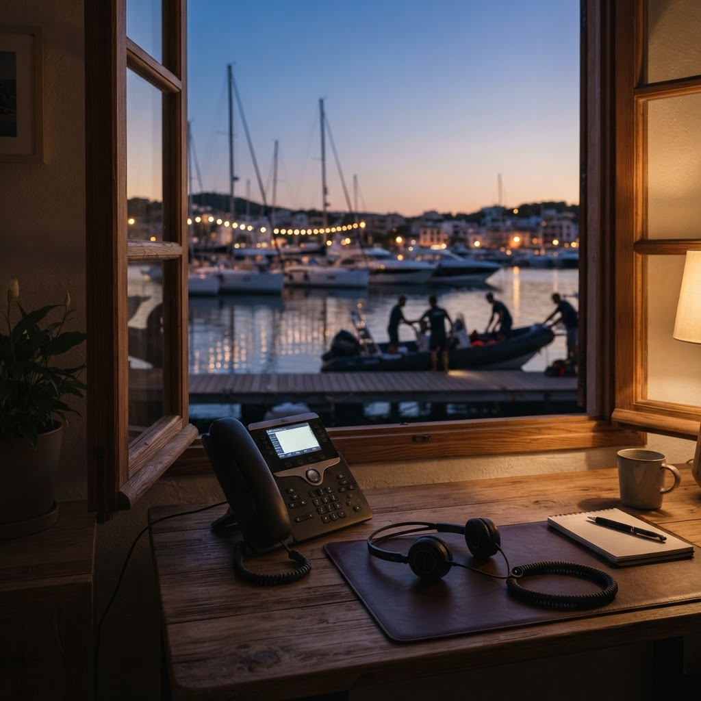 Teléfono de una empresa de actividades de mar atendido por el agente de voz IA al atardecer, con los instructores preparando el barco en el puerto