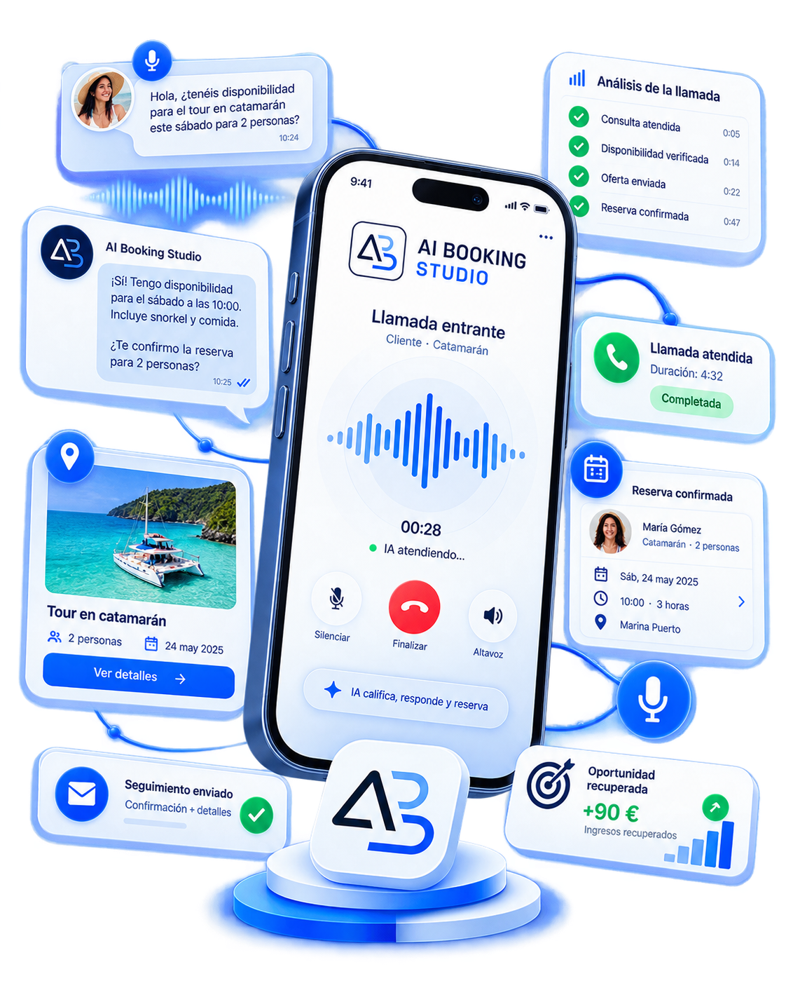 Agente de voz IA de AI Booking Studio atendiendo una llamada y confirmando una reserva