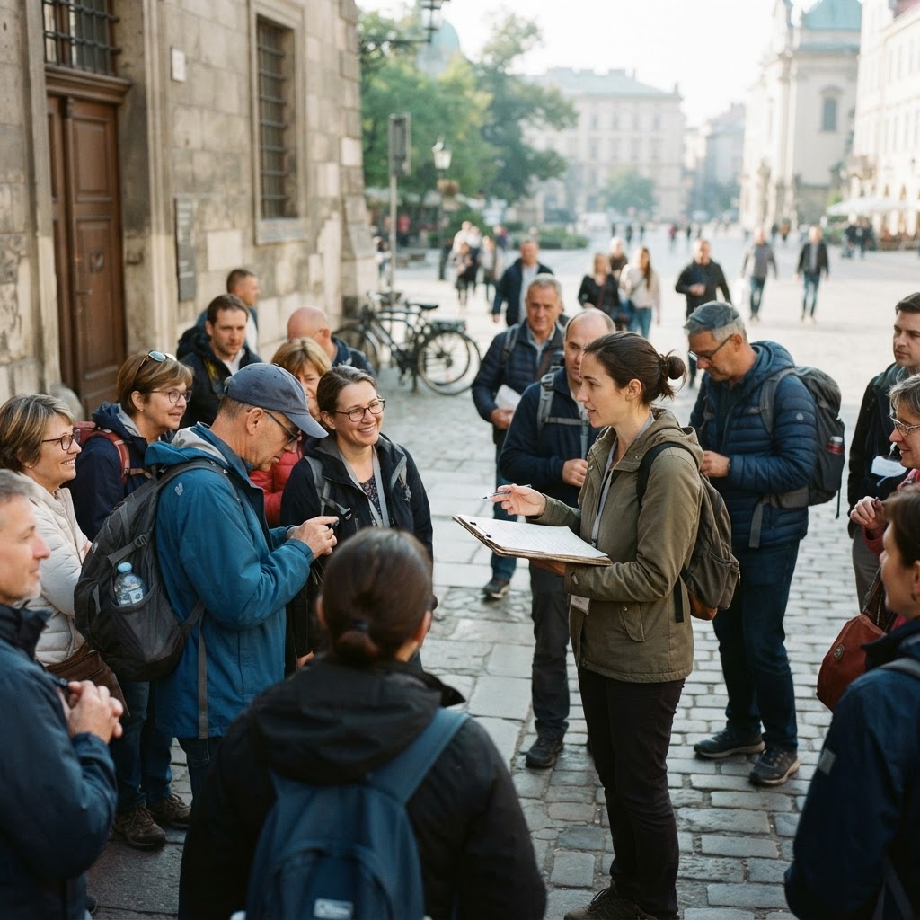 Guía gestionando a un grupo de turistas con un portapapeles antes de comenzar una excursión guiada