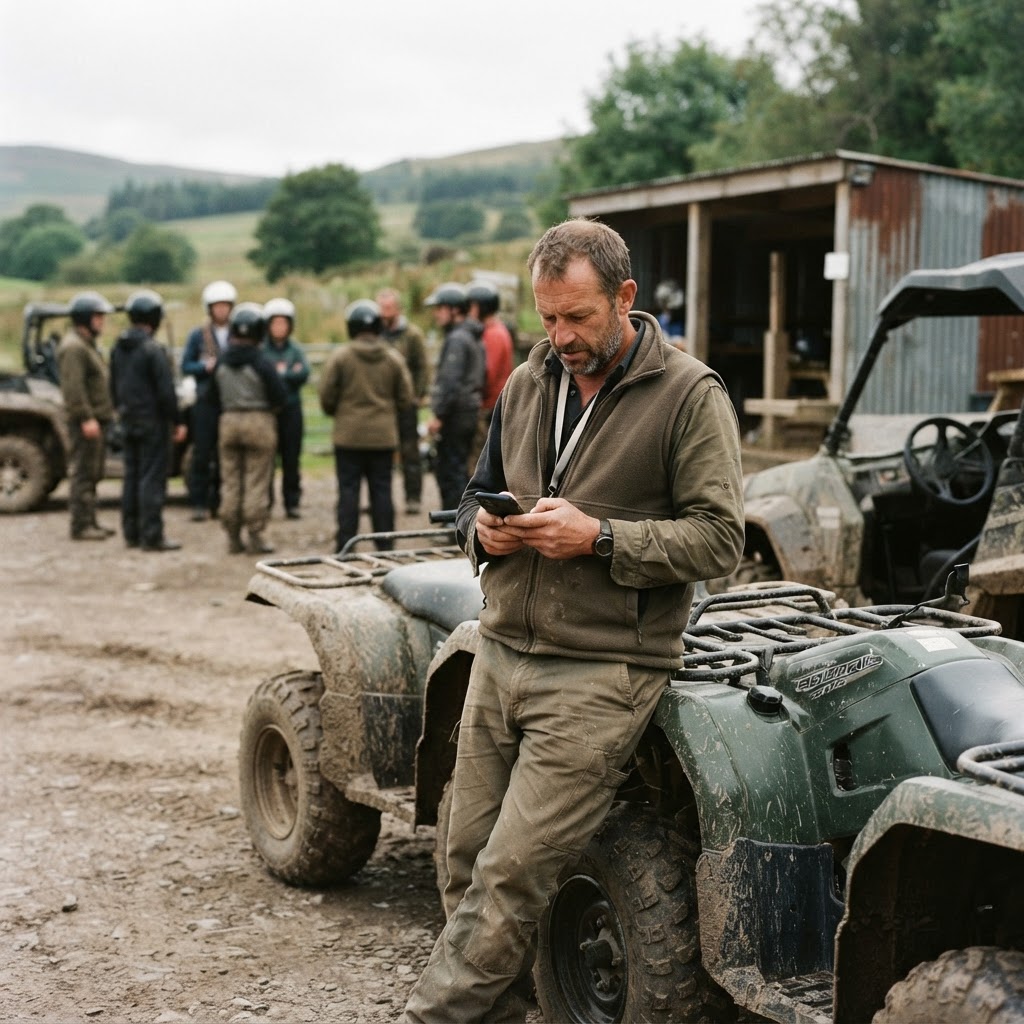 Operador de actividades atendiendo el móvil junto a una flota de quads y buggies en una base de ruta, con clientes al fondo