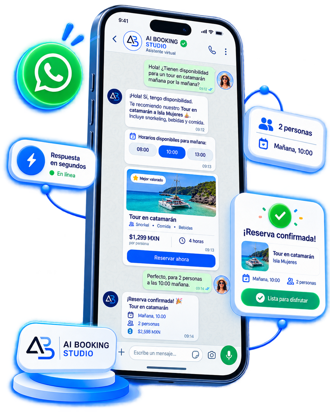 Conversación de WhatsApp con recomendación de actividad y reserva confirmada