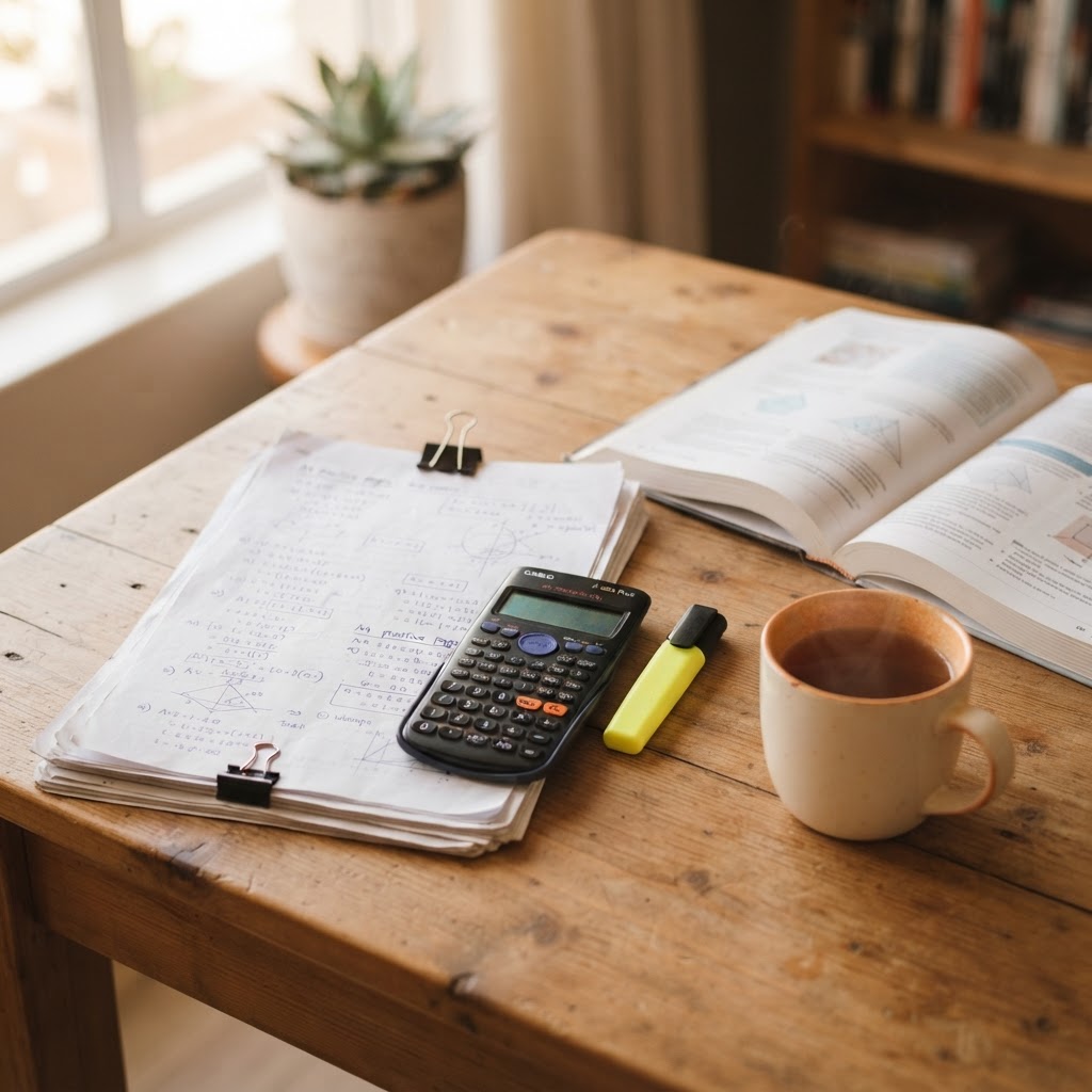 Past-paper practice, a calculator and study notes on a desk