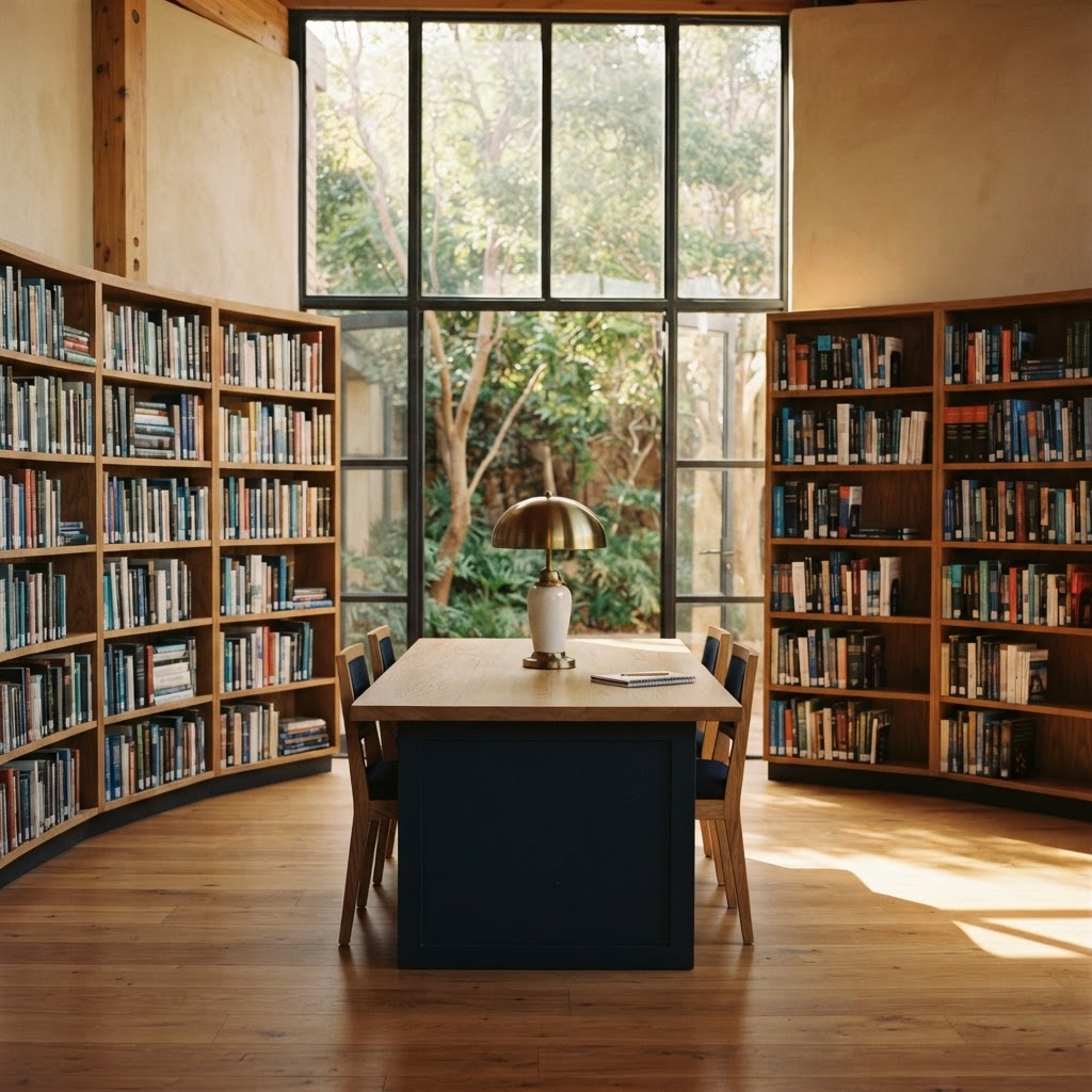 Study materials on a library shelf