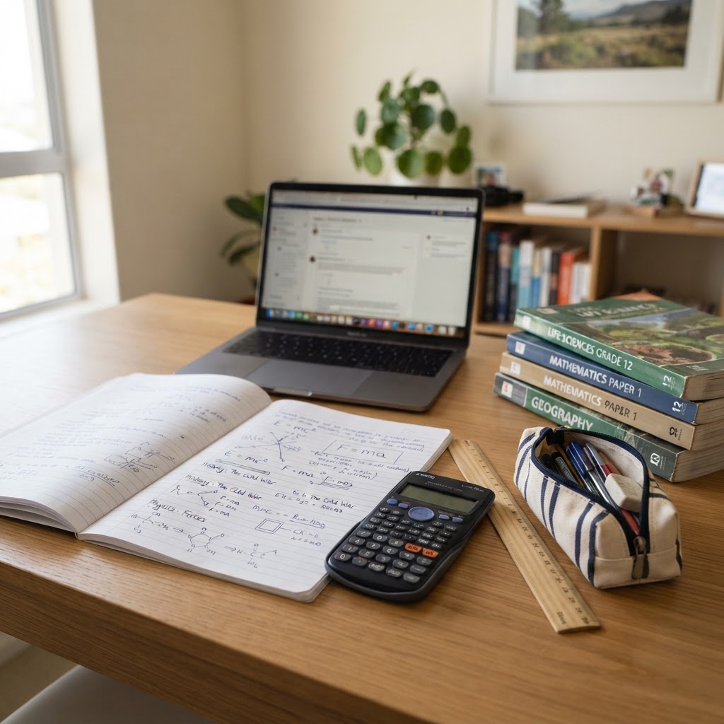 Study notes and a textbook on a desk