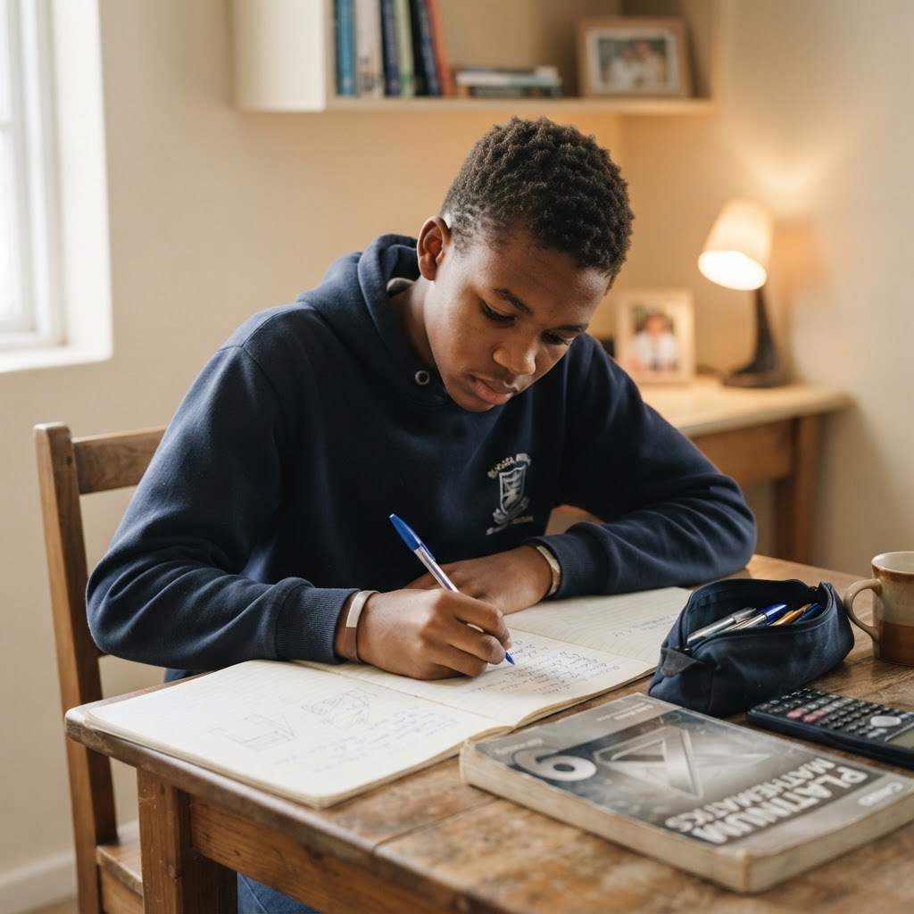 A learner writing notes at a desk