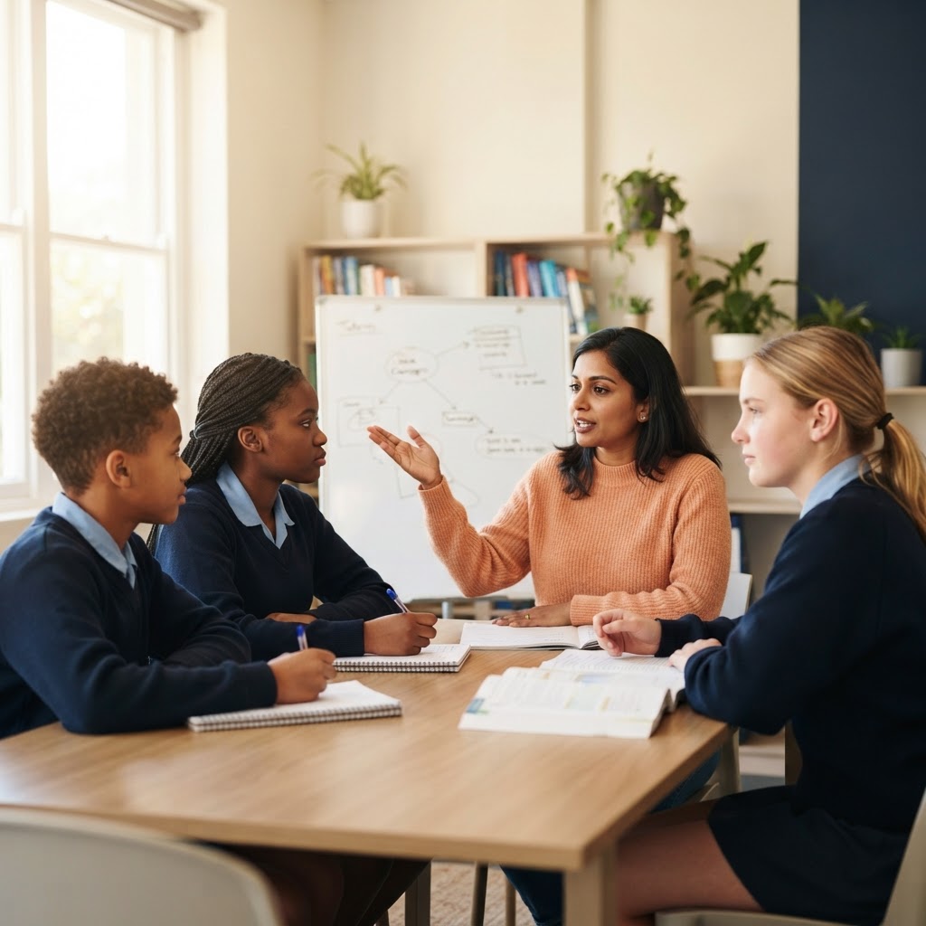 A tutor explaining a topic to a group of students