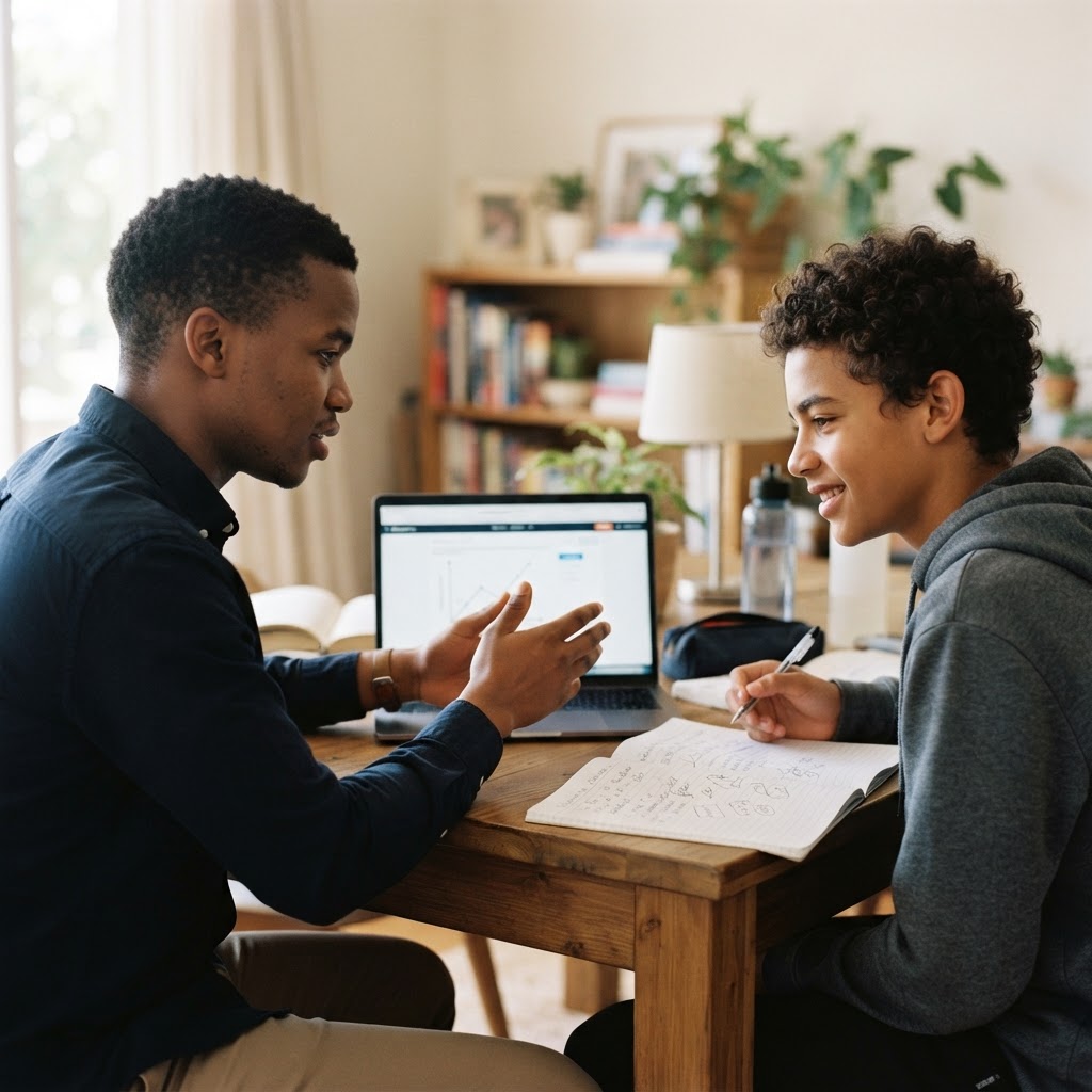An Ant-Hive tutor explaining a concept on a laptop to a learner