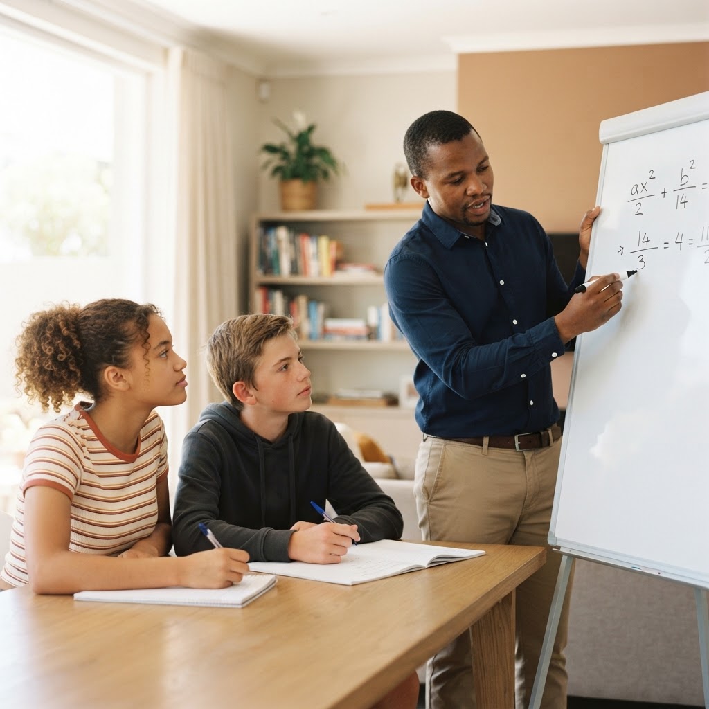 A tutor explaining a concept on a whiteboard to two learners