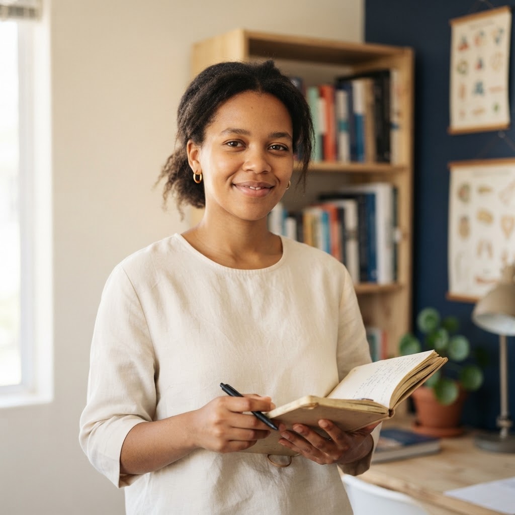 A young tutor standing in a bright study room