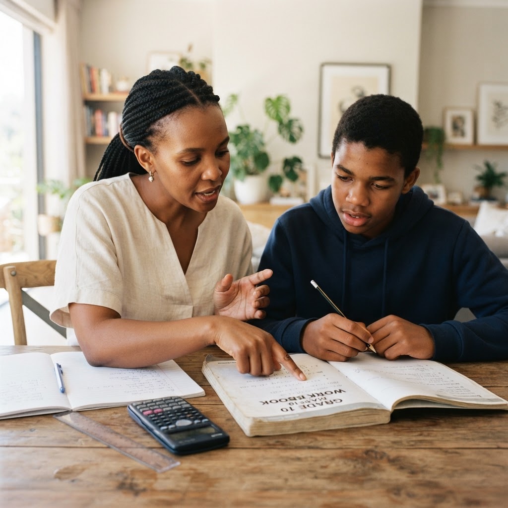 A tutor working through a maths problem with a high school learner