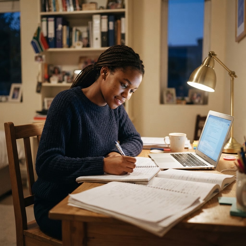 A learner studying for exams with a laptop and past-paper practice