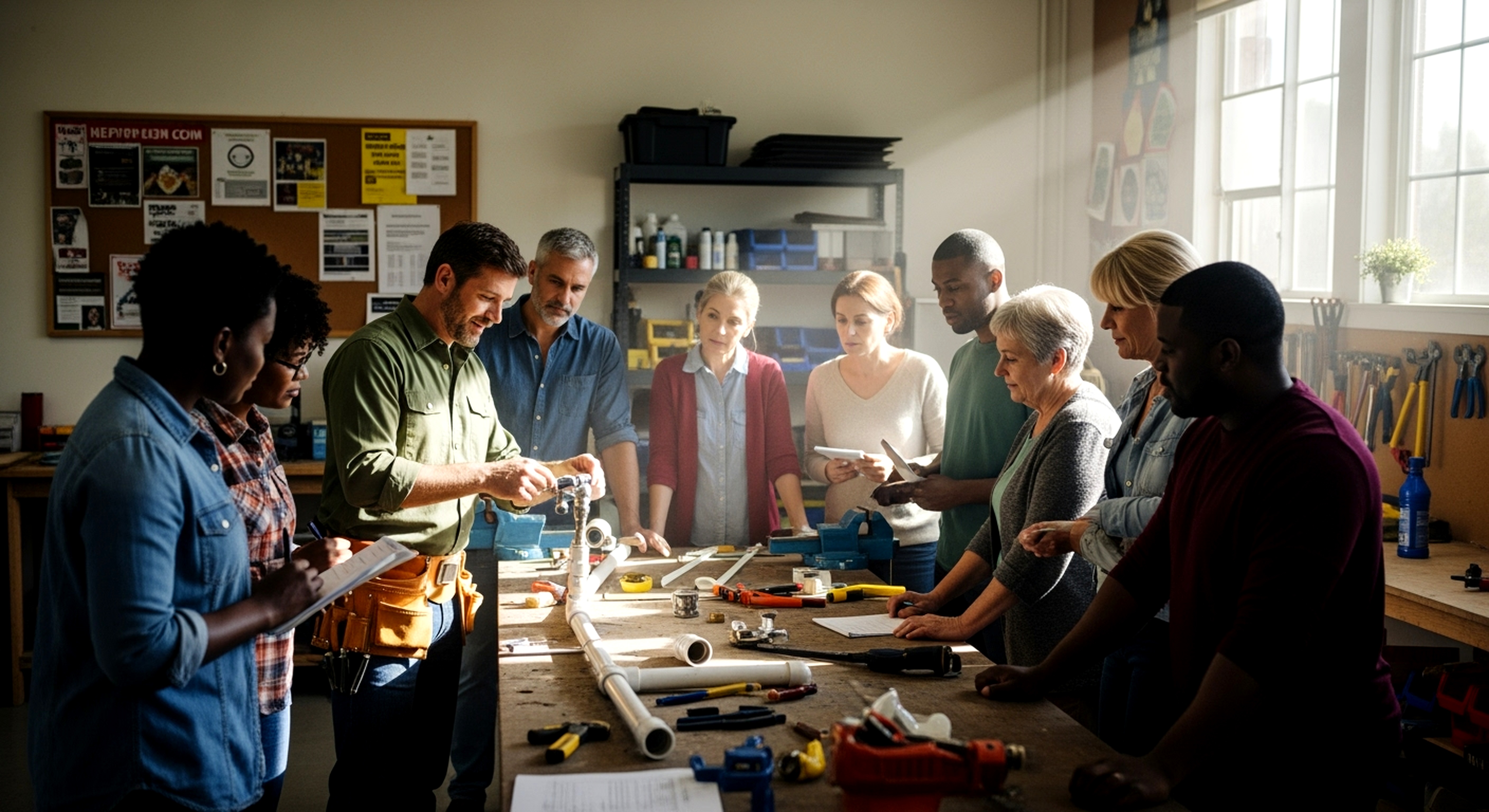 A diverse group collaborating around a workshop table