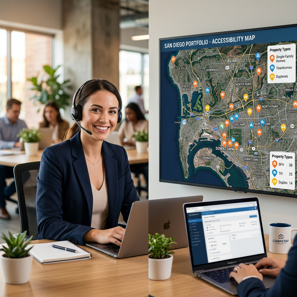 A split-screen image: on one side, a friendly customer support representative with a headset; on the other, a map of various city properties, highlighting a wide portfolio.