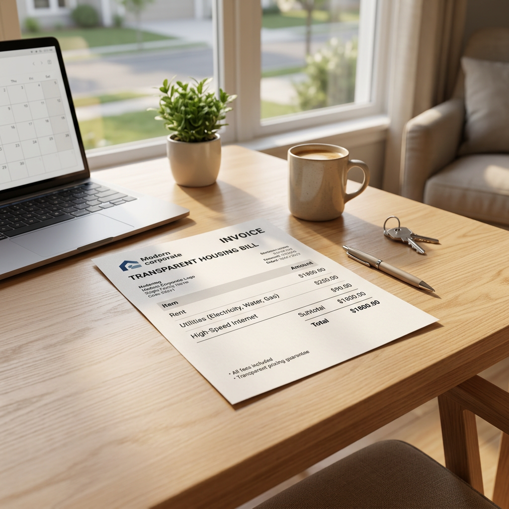 An infographic or clean graphic showing a mock invoice with clear, itemized lines for 'Rent,' 'Utilities,' and 'High-Speed Internet' to visualize pricing transparency.