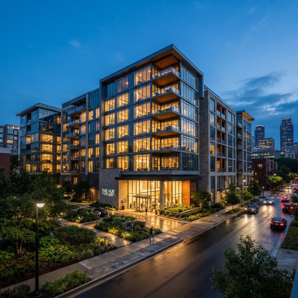 A wide-angle, photorealistic shot of a modern, multi-story luxury apartment complex at dusk. The building features large glass windows with warm interior lights glowing, manicured landscaping in the foreground, and a clean, quiet street reflecting the city lights.