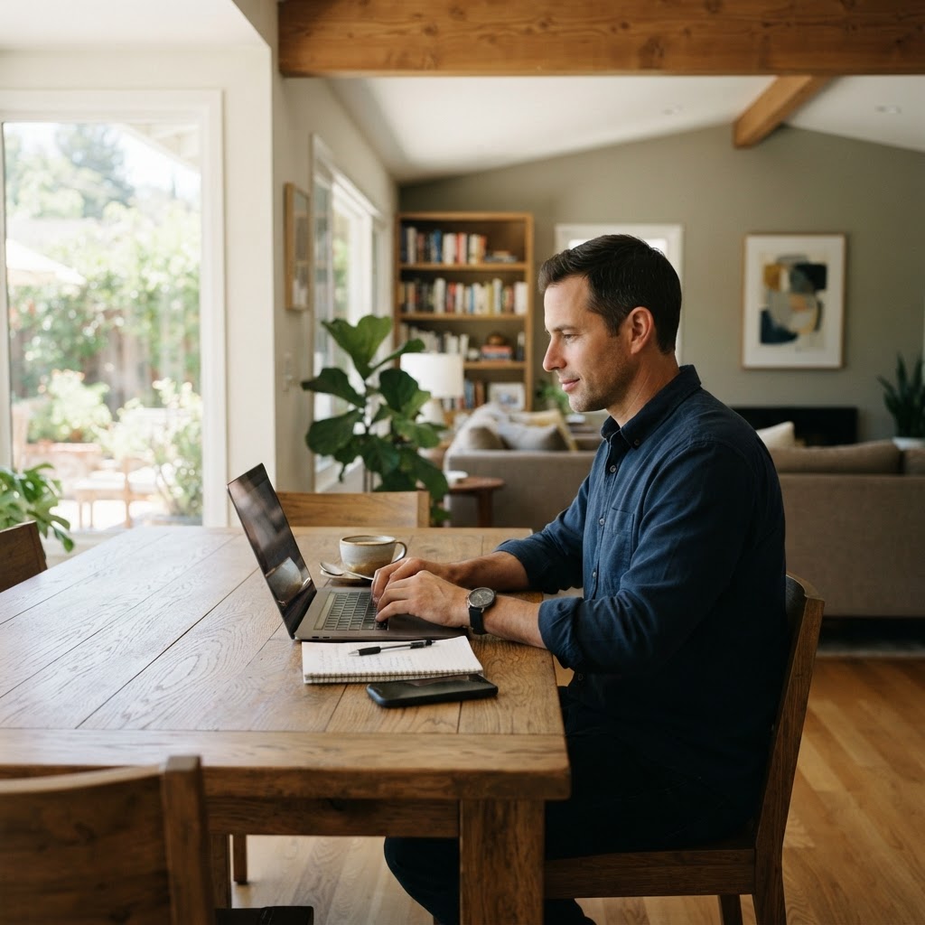 A business traveler works peacefully on a laptop in a well-lit furnished house.