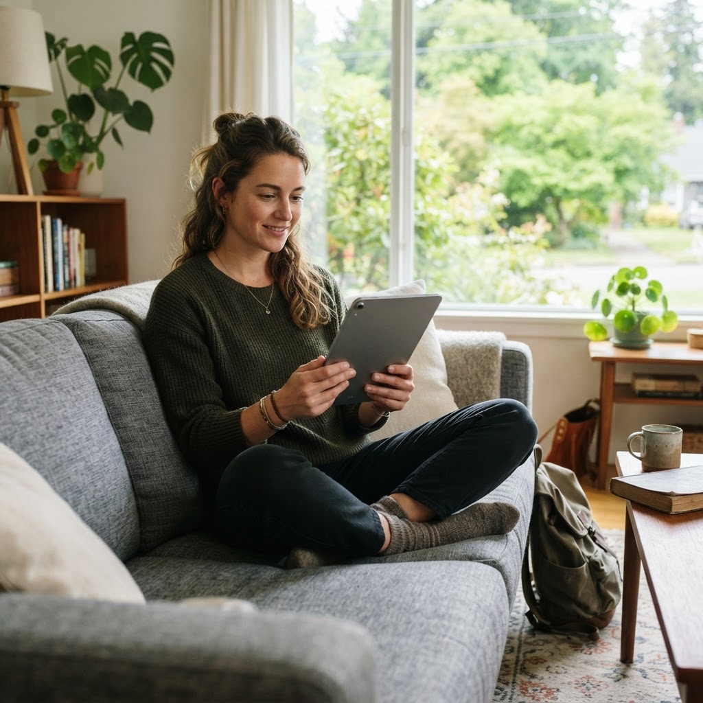 A government employee relaxing in a bright, furnished living room during a business trip.