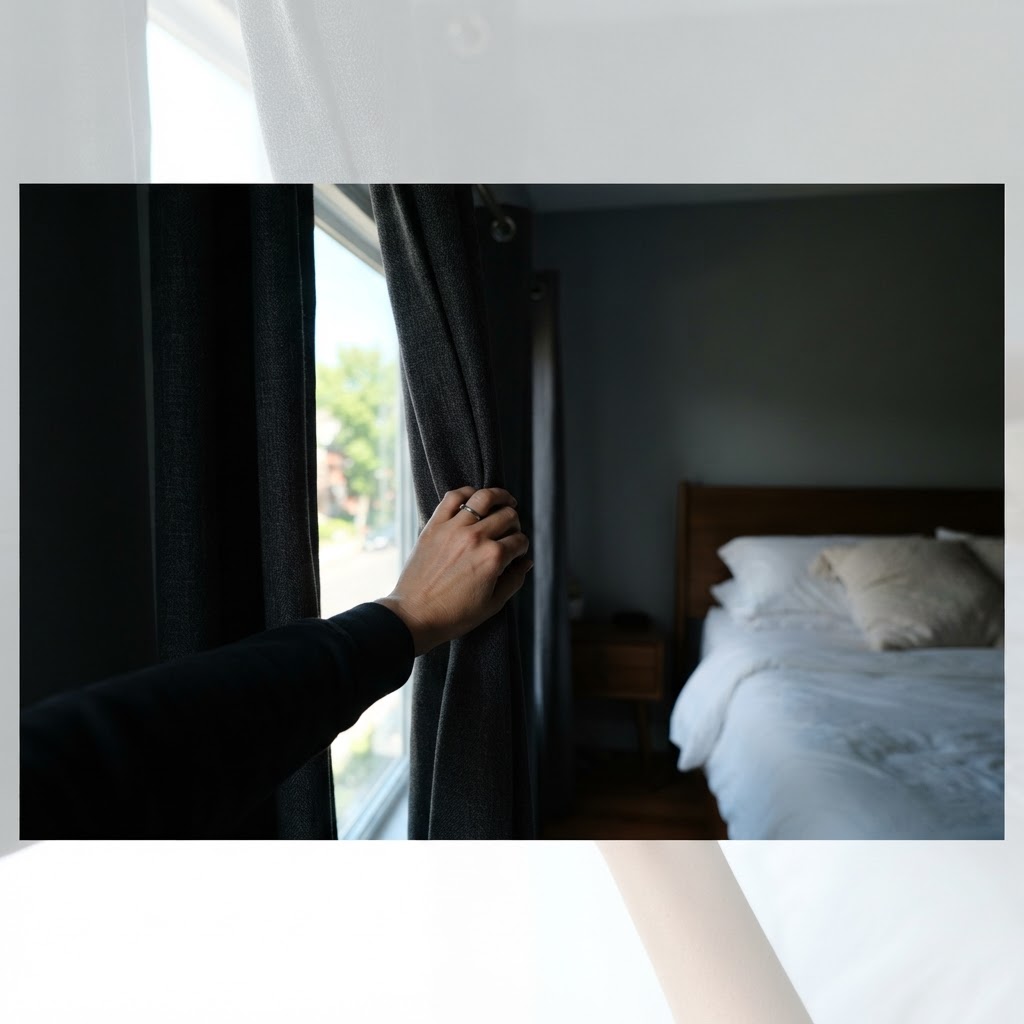 A hand pulls back heavy blackout curtains in a dark, comfortable bedroom.