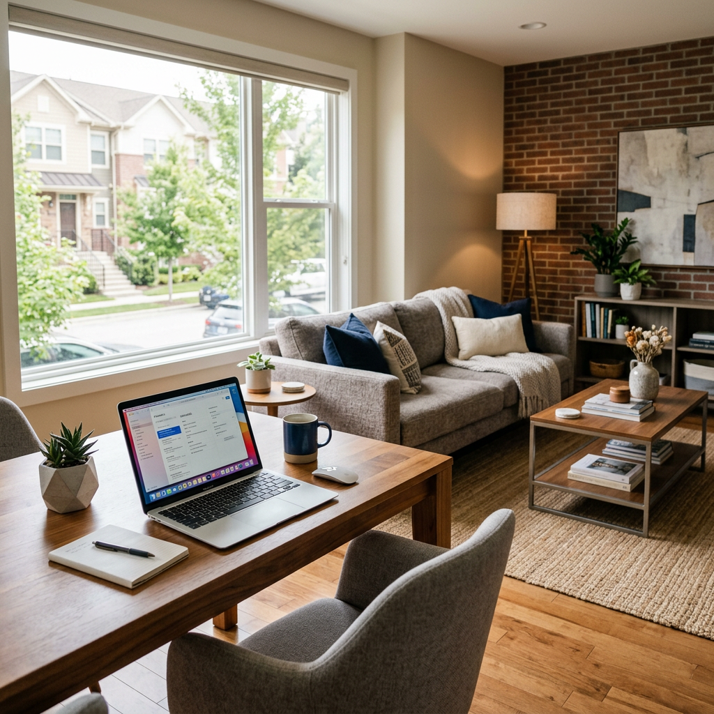 A high-quality hero image showing a bright, modern corporate apartment living room with professional decor and a laptop on a clean dining table, symbolizing a blend of work and comfort.