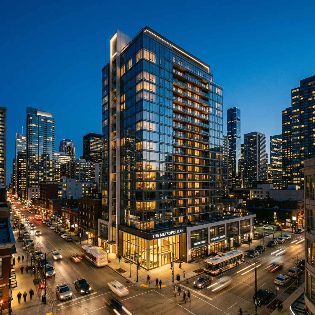 A photorealistic shot of a modern high-rise residential building in a bustling city center at dusk, with warm lights glowing from the windows and a sleek glass facade reflecting the city lights.
