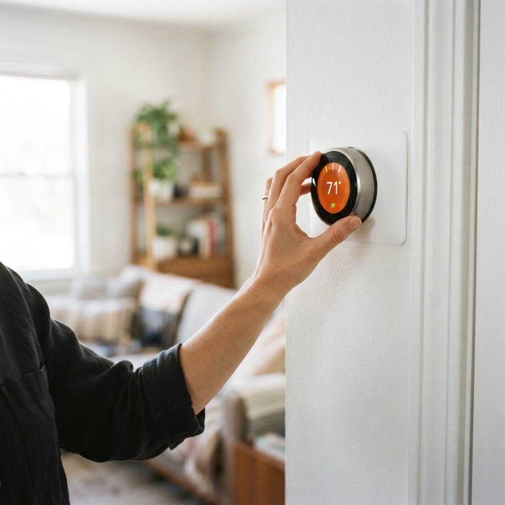 A close-up of a hand adjusting a digital thermostat on a wall inside a rental home.