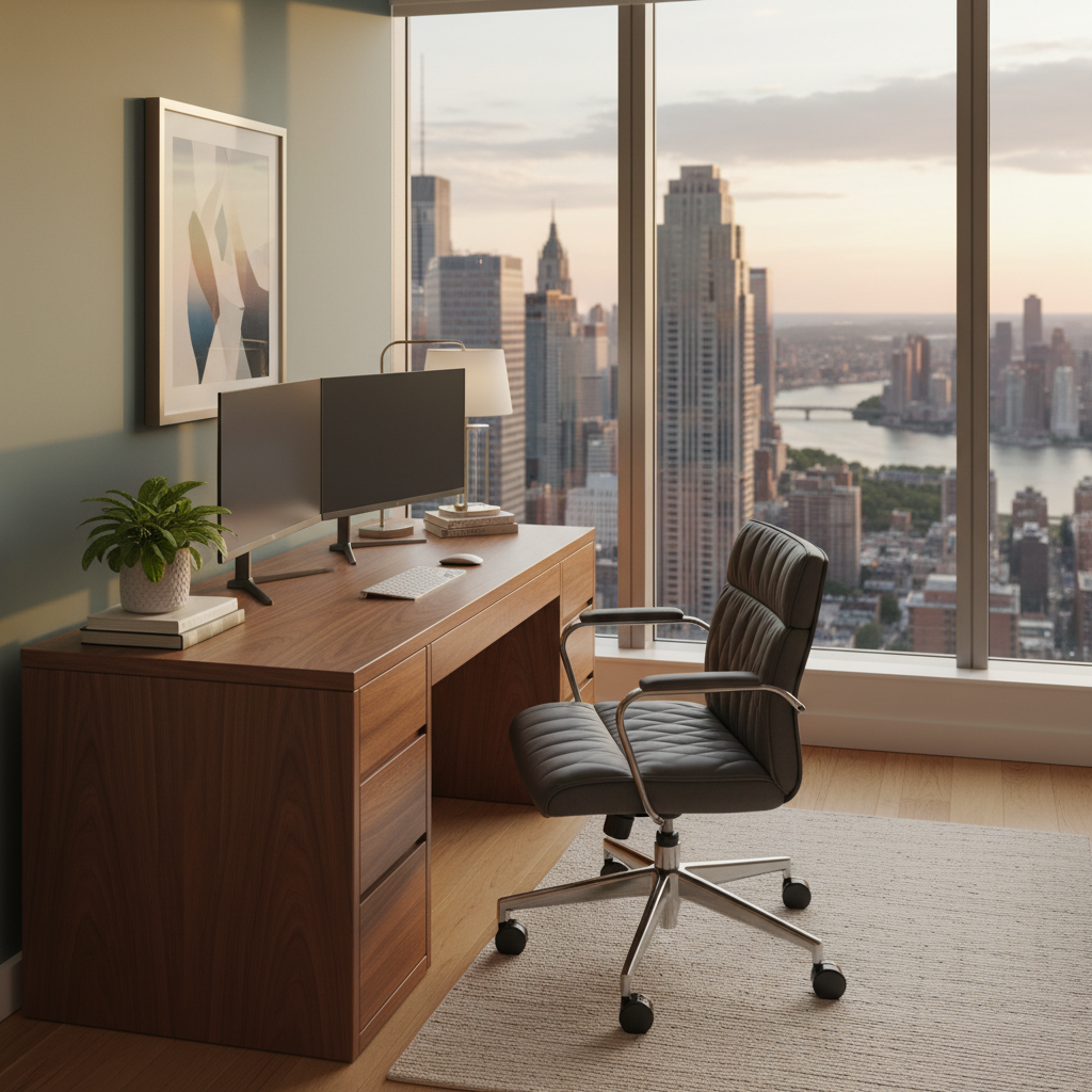 A photorealistic interior shot of a high-end corporate apartment. The focus is on a sleek, dedicated home office corner featuring a walnut desk, a stylish ergonomic chair, a dual-monitor setup, and a large window overlooking a city skyline.