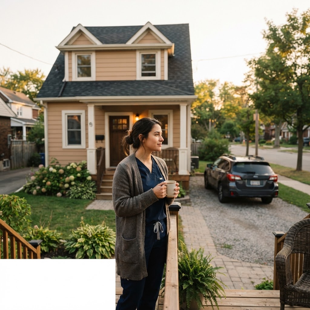 A nurse relaxes on the porch of a quiet duplex during a colorful sunset.