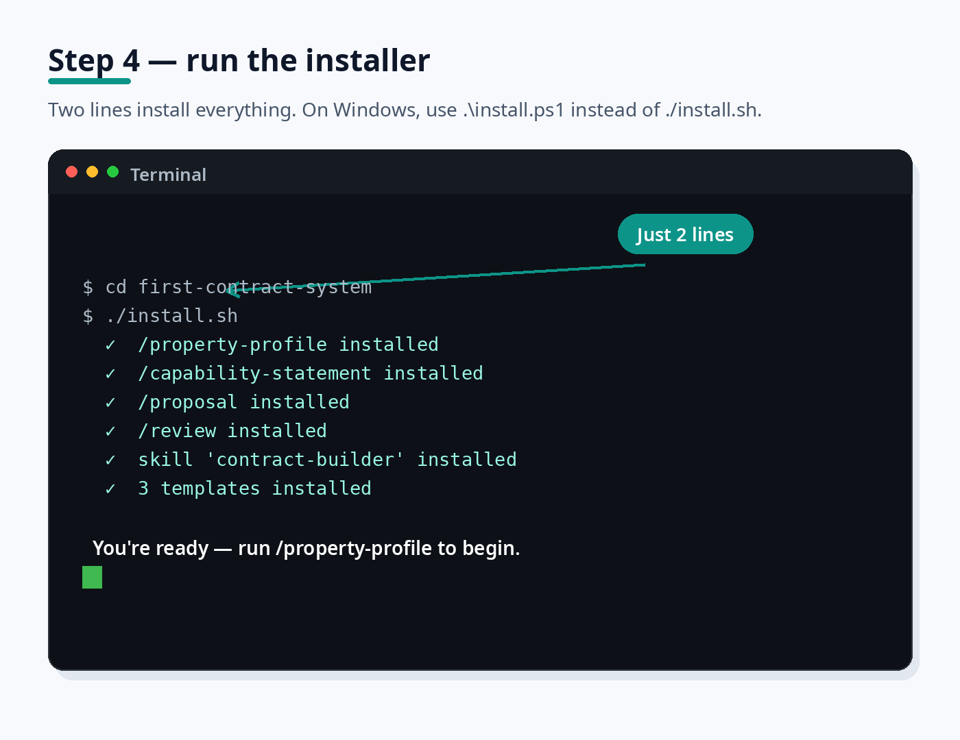 Mockup of running the two-line installer.