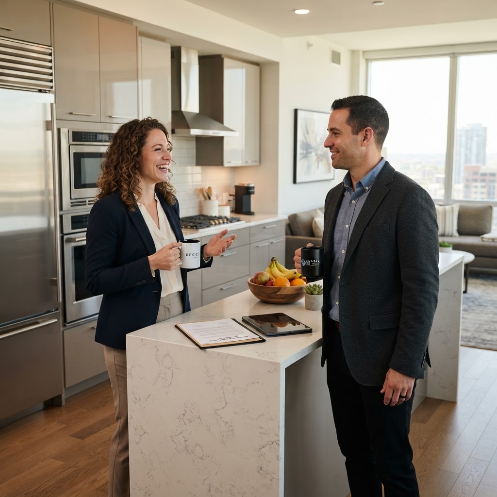 A photorealistic scene of two professionals in business casual attire, a man and a woman, standing in a bright, contemporary kitchen of a furnished apartment. They are holding coffee mugs and talking naturally near a marble island, with high-end stainless steel appliances and a bowl of fresh fruit visible in the background.
