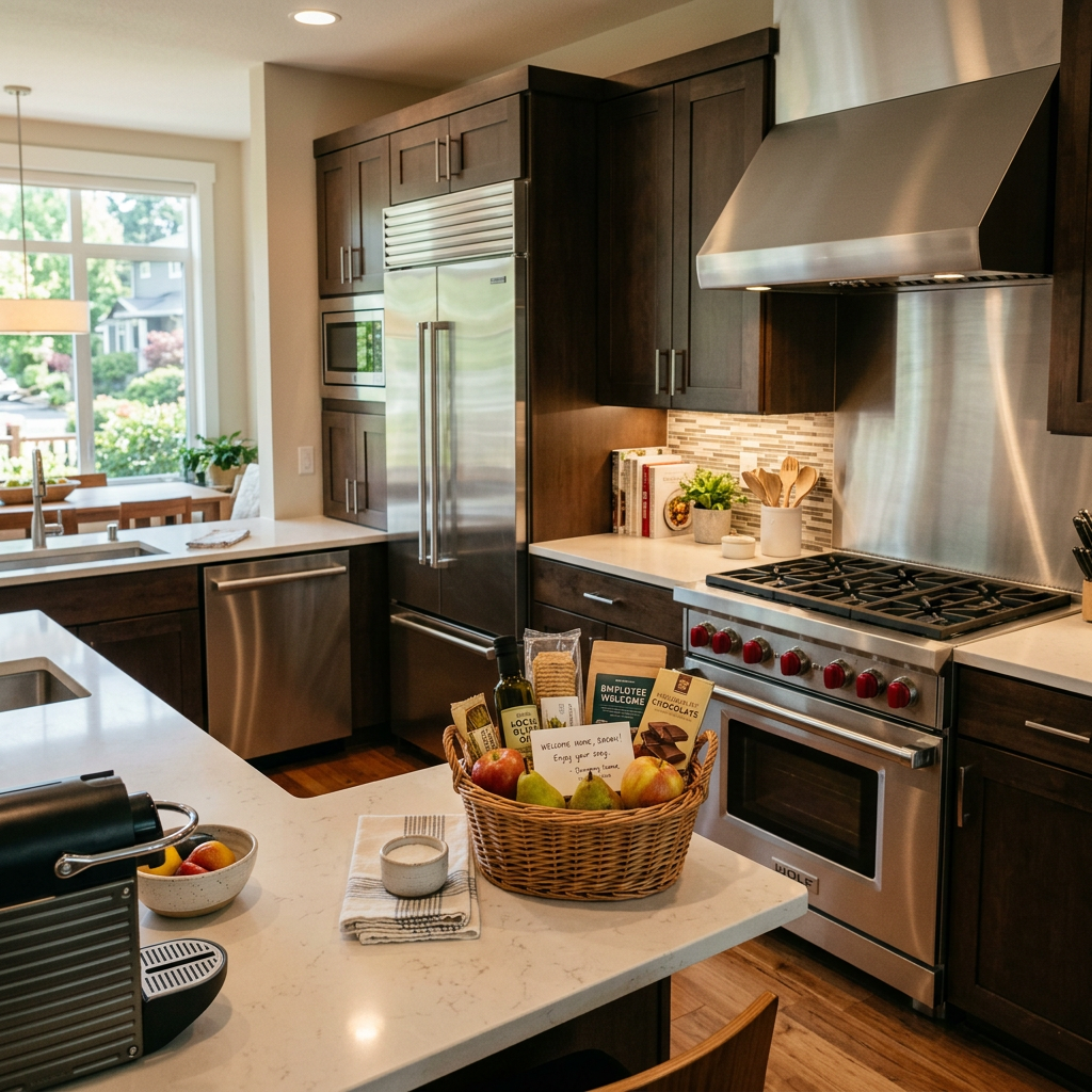 A photo of a professional-grade kitchen in a corporate apartment, featuring stainless steel appliances and a small welcome basket for an employee.