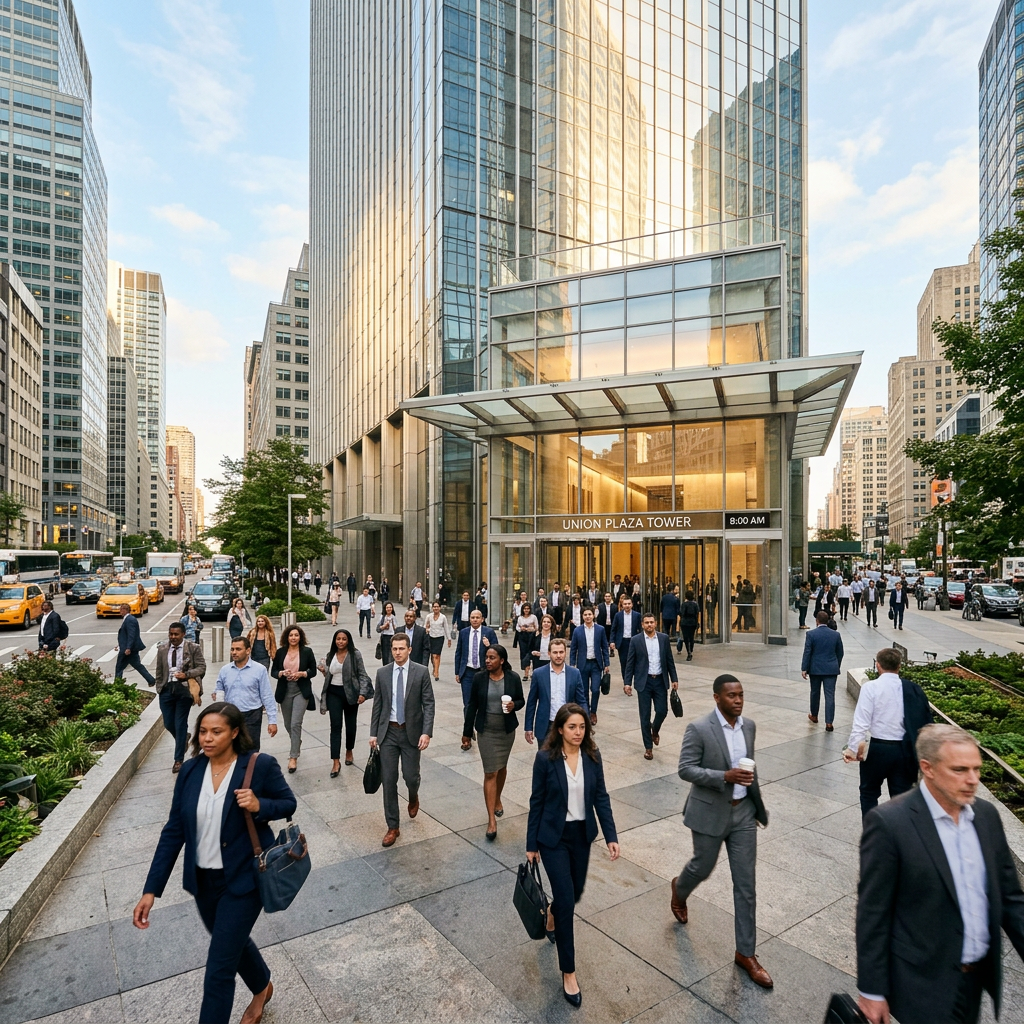 A photorealistic wide shot of a bustling metropolitan business district at 8:00 AM. Diverse professionals in modern business attire walk purposefully toward the entrance of a contemporary glass-and-steel skyscraper reflecting the morning sun.