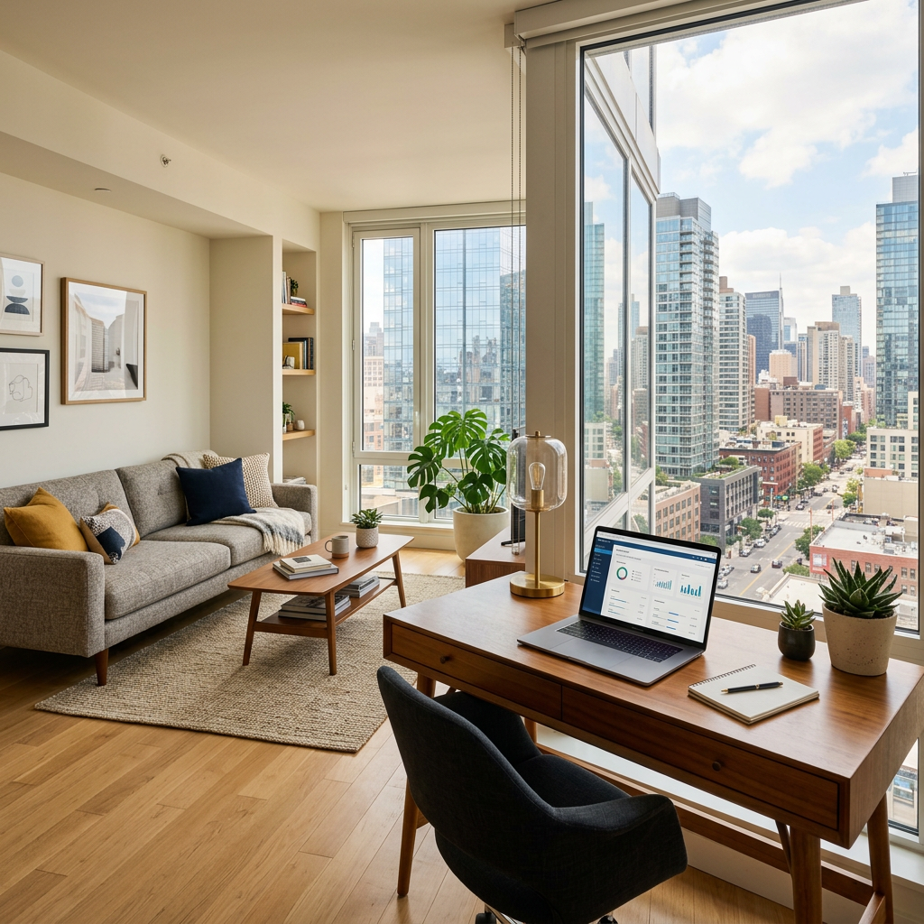 A wide-angle, photorealistic view of a bright, professionally staged living room in a corporate apartment. The room features a mid-century modern sofa, a dedicated wooden desk with a laptop and a designer lamp, and a large window showing a city skyline.
