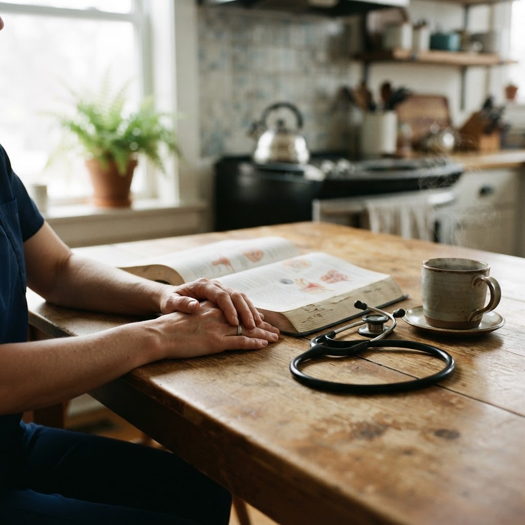 Close up of a stethoscope and coffee on a wooden table in a brightly lit furnished kitchen.