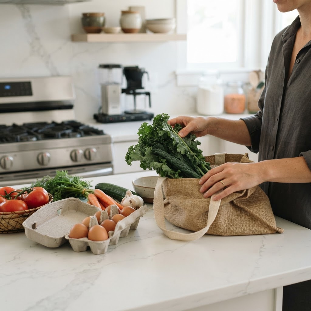 A traveler unpacking groceries in a modern kitchen of a corporate housing unit.