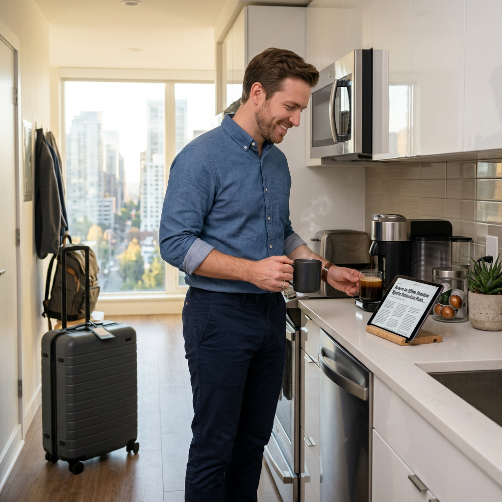 A photorealistic scene of a professional man in his 30s standing in a bright, modern kitchen of a corporate suite. He is comfortably preparing coffee while looking at a tablet, with a packed suitcase visible in the hallway, suggesting a smooth first morning in a new city.