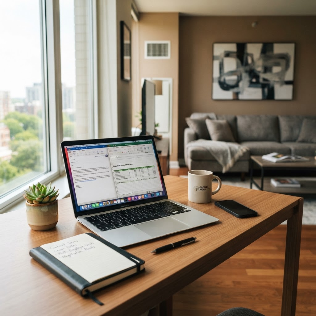 A photorealistic, close-up view of a clean and organized home office setup inside a sunlit apartment. A sleek laptop sits on a wooden desk next to a small potted succulent and a professional notebook. In the blurred background, a comfortable living room with a grey sofa and modern art on the wall is visible.