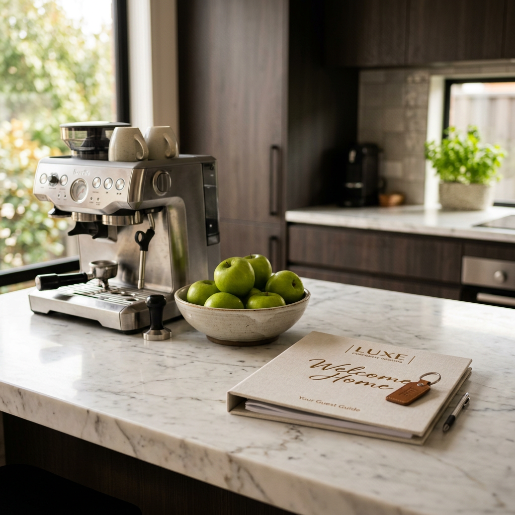 A photorealistic close-up of a high-end kitchen island in a furnished rental. On the marble countertop sits a professional espresso machine, a bowl of fresh green apples, and a neatly placed welcome folder for a new guest.