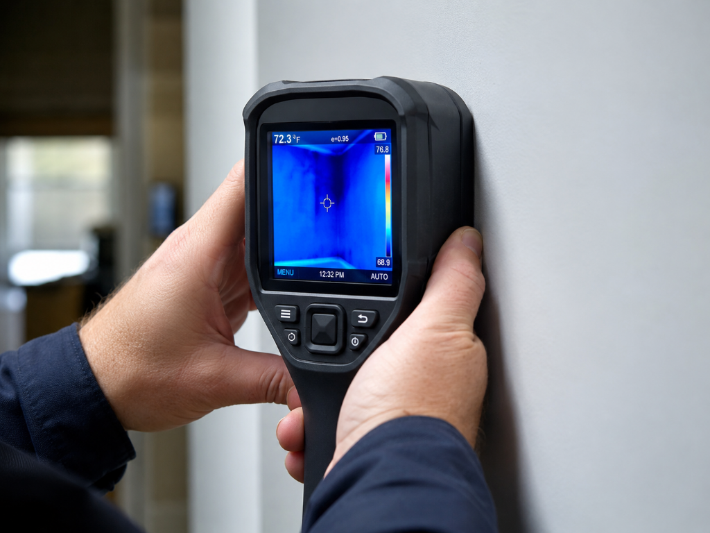 Inspector using thermal imaging camera on a wall