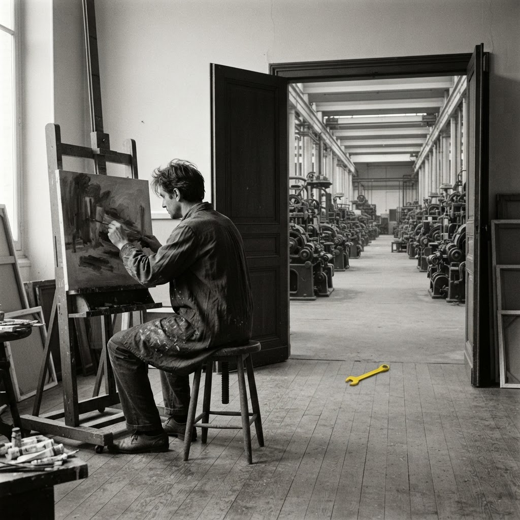 A painter at work while a machine hall runs behind him